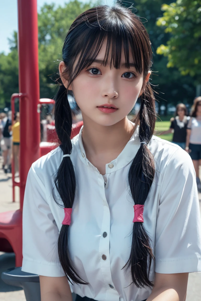 1girls, (Straight bangs, pigtails), In the middle of a crowd, in the park, playground equipment, ((8k, hyper detailed, realistic)), masterpiece, Detailed skin, Detailed face, best quality real texture skin, high resolution