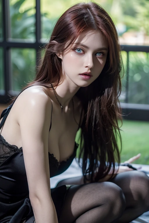 Full body masterpiece, ultra realistic, 16k, high quality, incredibly detailed, dream aesthetic, dream atmosphere, cinematic, (sharp focus: 1.5), (photorealistic: 1.3), goth (Gorgeous goth girl), gorgeous redhead girl (enchanting seductress) , small nose. cinematic, detailed, 16k sharp focus, realistic. gorgeous. seductive (evil). natural red hair (realistic texture), highlighted, silky and shiny hair, detailed hair (realistic), (natural). gorgeous detailed face (enchanting seductress). blushing cheekbones (rosy cheeks), tanned skin, (white skin) alabaster skin that seems to glow ethereally. Her attire is gothic. voluptuous shape. turquoise blue eyes (evil eyes look). a symmetrical face ::2 gothic clothes + artstation trends + fantasy art + realistic cloth + fractals in the background, loose hair --aspect 9:21 – enhance your unearthly beauty. realistic skin texture, pale-white illuminated skin. realistic perfect shading. absurd, realistic textures. Alone, alone, 1 girl. Looking at viewer. muscular female body, hot body, toned body, defined muscles. big natural breasts, cleavage. pantyhose, gothic (black) dress (realistic texture). In different positions at different angles. daytime background. incredibly real, best quality, photorealistic.