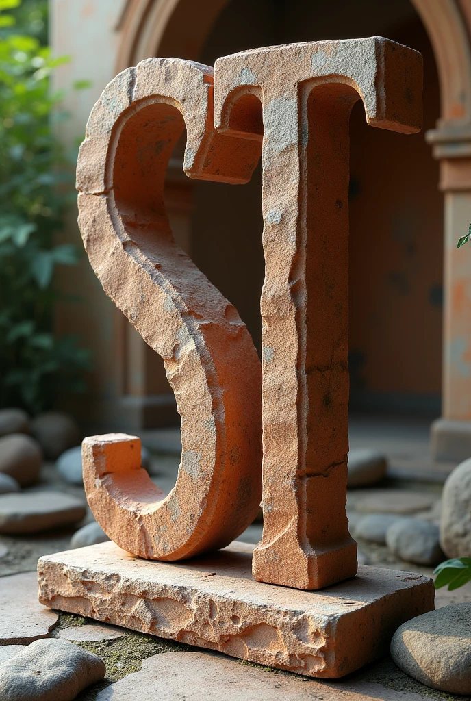 Create a letter s and a letter t from clay-colored stone
