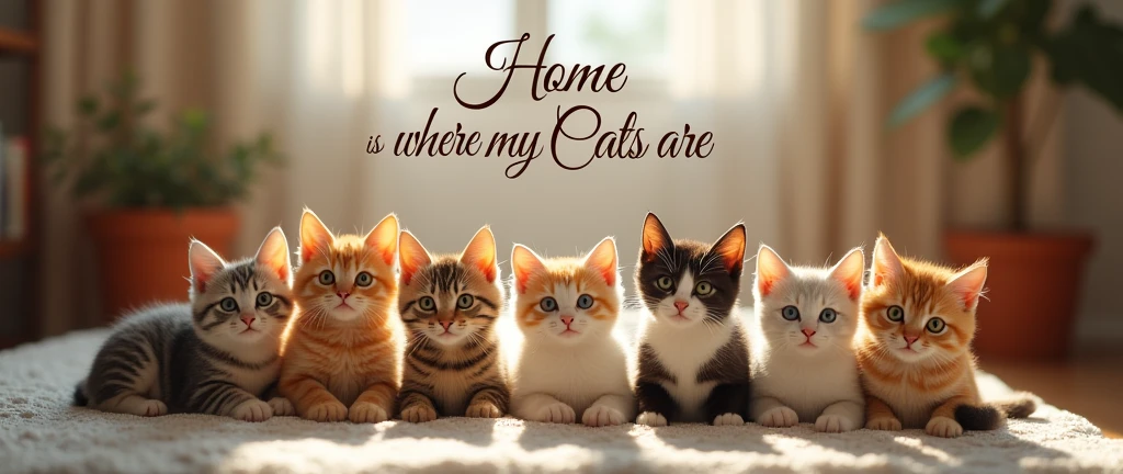 A hyper-realistic, heartwarming image of seven playful and adorable cats strategically placed around the edge of the image, in a cozy home setting. The cats are of various breeds, each with unique colors and markings, creating a charming and lively scene. In the center, the words "Home is where my Cats are" are written in large elegant, cursive typography, adding a personal touch to the image. The overall atmosphere is warm and inviting, with a sense of love and companionship radiating from the scene