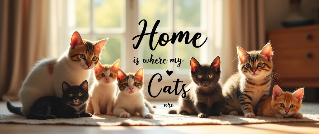A hyper-realistic, heartwarming image of seven playful and adorable cats strategically placed around the edge of the image, in a cozy home setting. The cats are of various breeds, each with unique colors and markings, creating a charming and lively scene. In the center, the words "Home is where my Cats are" are written in large elegant, cursive typography, adding a personal touch to the image. The overall atmosphere is warm and inviting, with a sense of love and companionship radiating from the scene