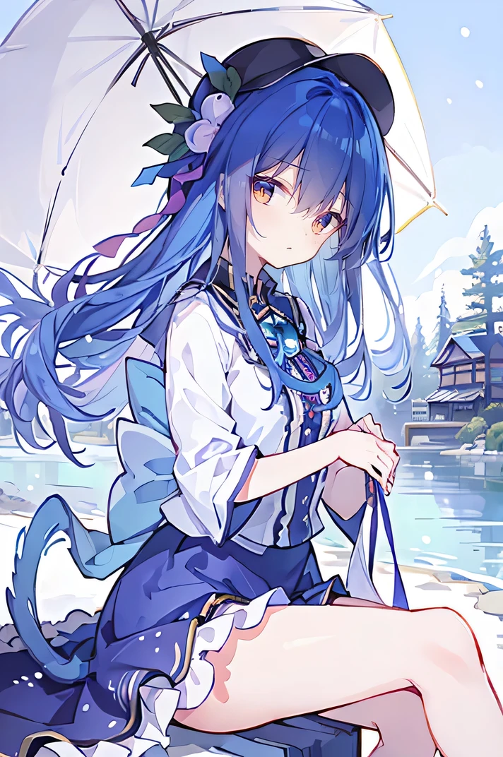 (masterpiece:1.2),Ultra-detailed,lifelike,The eyes are expressive,Fair skin,Perfect face shape,1 girl,
Japanese Manga,Gorgeous blue hair,Flowing blue hair,Flowing clothes,Cat's ears,Petals falling,Beautiful Lola,little angel,
Cross your legs,Gentle and peaceful background,The pavilion is cool and comfortable,Smile,Tokyo background,background,snow,winter,Back。