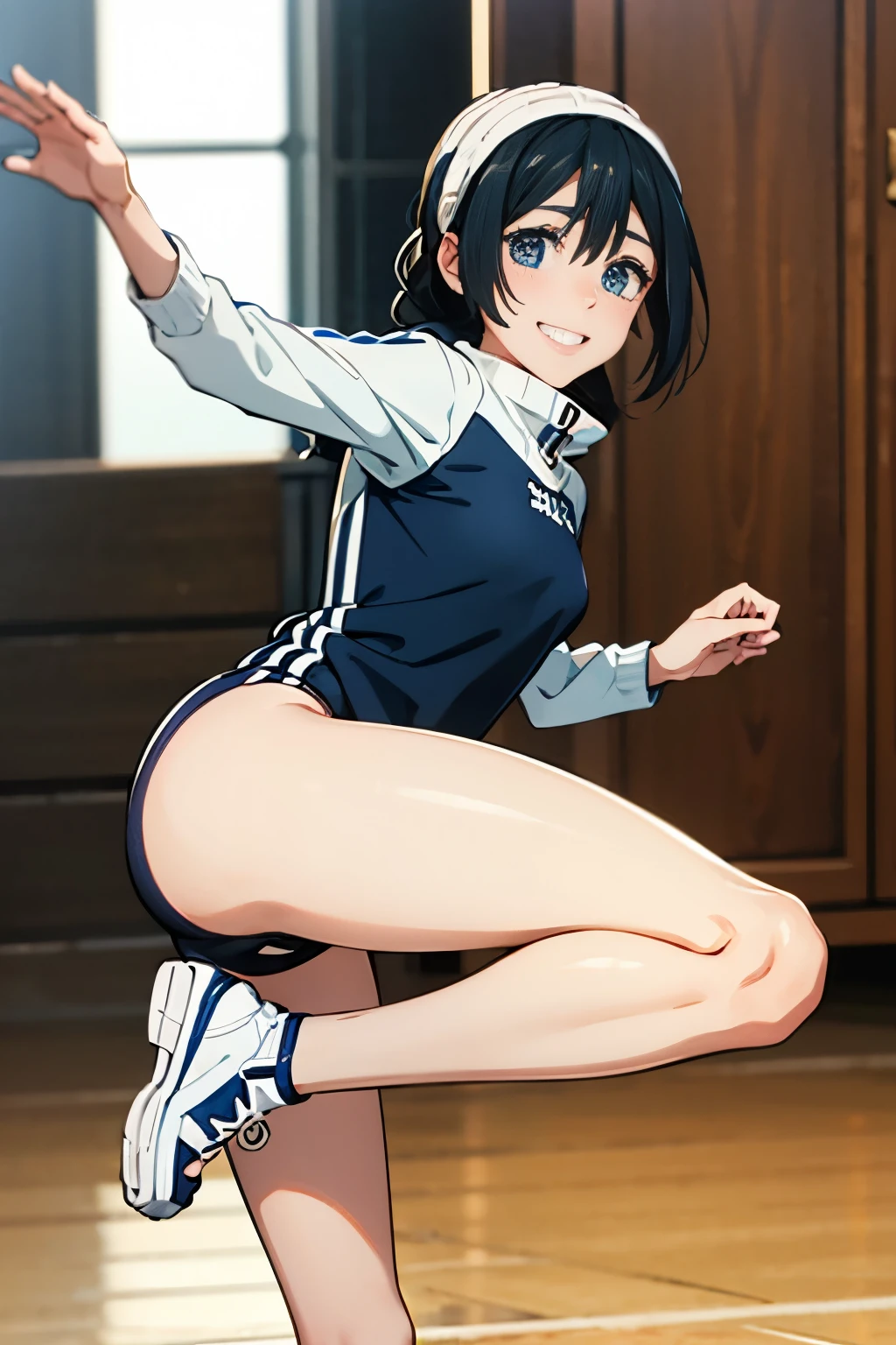 Highest quality、Black Hair、Delicate skin texture with detail、Sneaker Break(JUJUTSU KAİSEN)、Innocent、Be excited、play、Running and jumping、Dynamic pose、Dynamic Stretching、iris、Long Hair、girl、cute、、、Small hair ornament、1 person、Swimwear、Warm color pareo、、Embarrassing but fun、smile、Watery eye、blush、