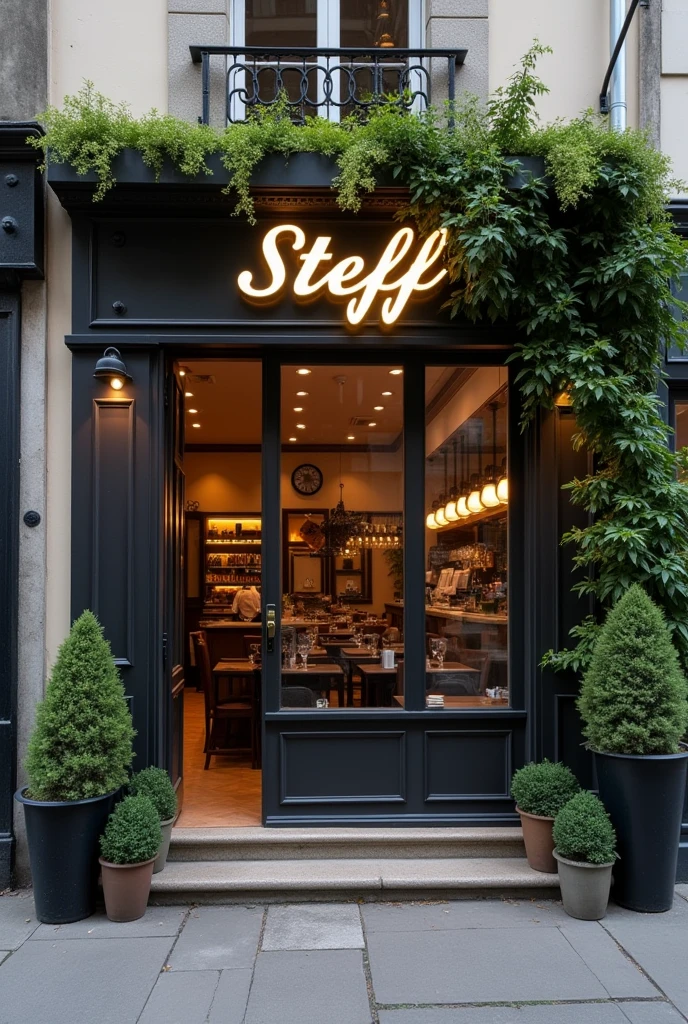 Take me a photo of a cafeteria with the name Steff Coffe on the outside, so that it is very realistic and pretty.