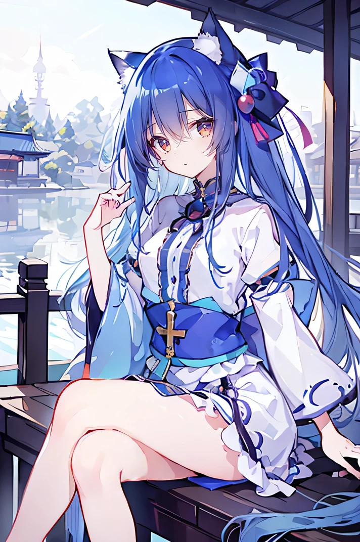 (masterpiece:1.2),Ultra-detailed,lifelike,The eyes are expressive,Fair skin,Perfect face shape,1 girl,
Japanese Manga,Gorgeous blue hair,Flowing blue hair,Flowing clothes,Cat's ears,Petals falling,Beautiful Lola,little angel,
Cross your legs,Gentle and peaceful background,The pavilion is cool and comfortable,Smile,Tokyo background,background,snow,winter,Back。