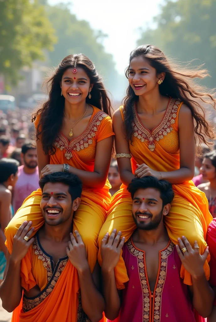 Indian girls sit on boys shoulder in concert 
