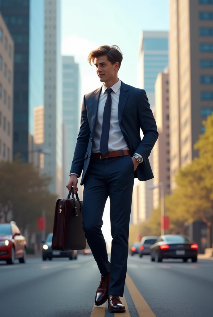 A confident teenager in a sharp suit stands in a bustling city, holding a briefcase and smiling as he checks his watch.