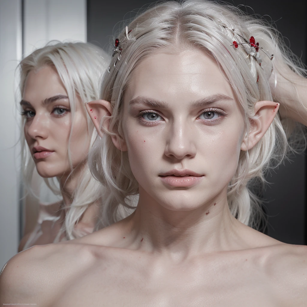 draw an elf man, with pure white skin, pale pink lips, thin scary face, chin length wavy white hair, thin white eyebrows, red eyes, athletic body, pure black hands, with black lines all over the body and face