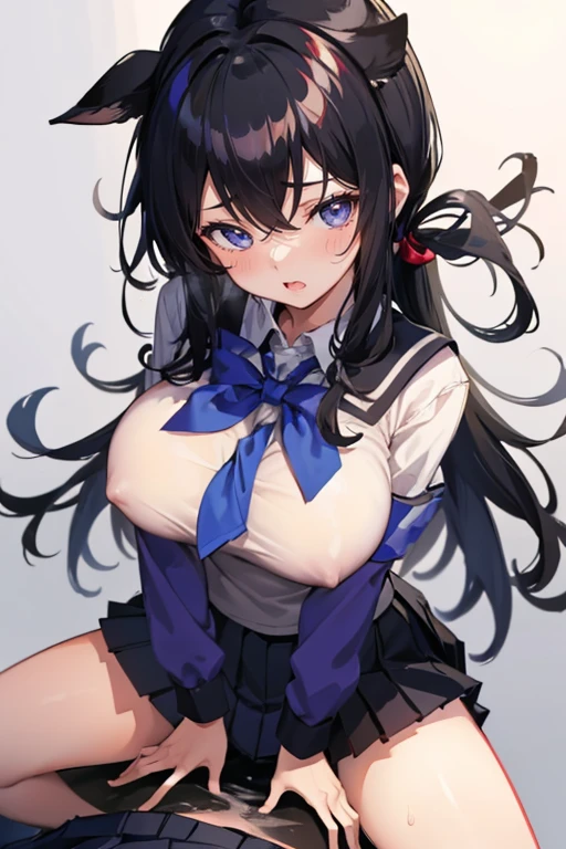 masterpiece，Highest quality，Highly detailed face，(((1 slim sexy girl))), ((1boy and 1girl are having sex))，((Cum there))，(((cowgirl position, girl on top:1.3)))，(Black hair ponytail),  (((Huge breasts))), (((Schoolgirl uniform、Pleated skirt:1.4)))，((Girl straddling a man:1.5))、((Painful face))、Heart symbol、excited、White Breath、(((SEX in the classroom)))、(Sweat:1.2)、Nervous、Heart symbol