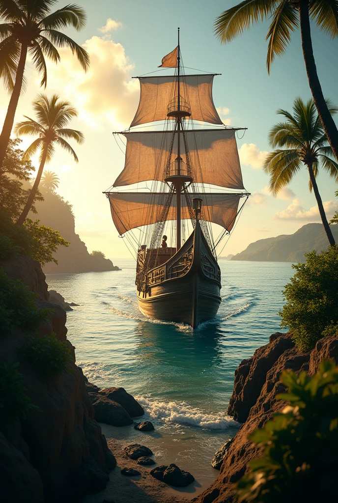 soft lighting illuminates a stunningly detailed and ultra-realistic, details of this 16k photography masterpiece, Portuguese ship arriving in Brazil, 