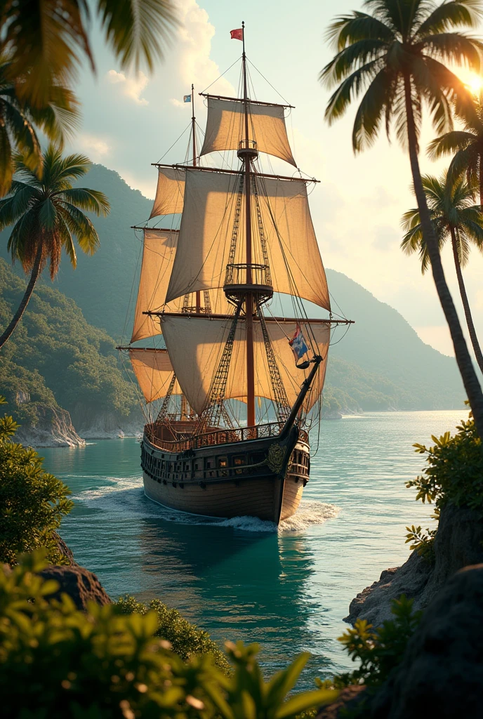 soft lighting illuminates a stunningly detailed and ultra-realistic, details of this 16k photography masterpiece, Portuguese ship arriving in Brazil, 