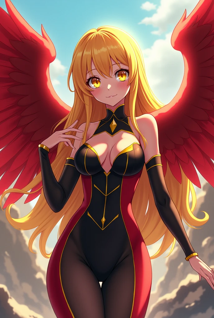 woman with long, light blonde hair and cute, shy rose in her hair. She is wearing a scarlet outfit with wings and adorned with amber jewels. Her blue eyes are captivating. High quality and high resolution result in stunningly beautiful images. The overall aesthetic is delicate and enhanced with floral petals, fantasy