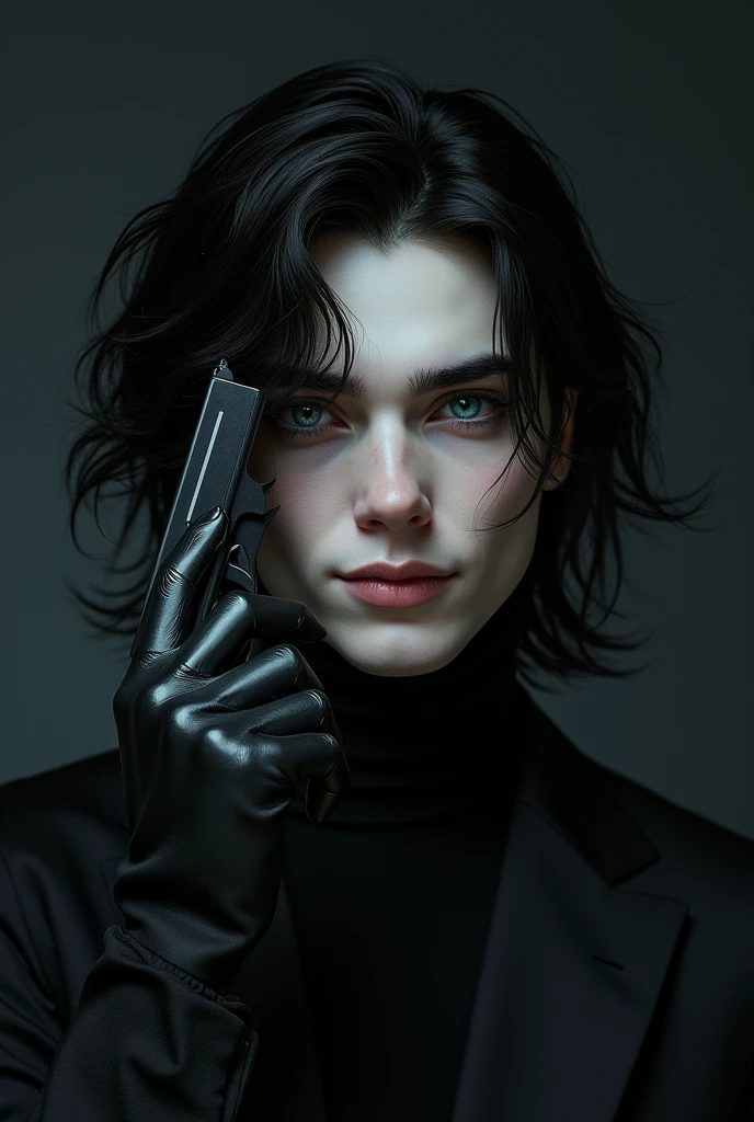 A pretty male with long black hair, with long lashes and teal blue eyes, dressed entirely in gothic black clothes. His skin is white and pale like a vampire, pressing the barrel of the gun to side of his head while smirking.
