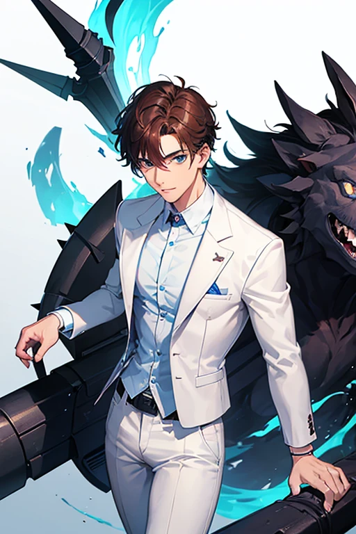 man in his 20s, Mexican, slim build, muscles, nurse uniform, white coat, blue pants, brown hair, spiky hair, blue eyes, looking directly at viewer white background