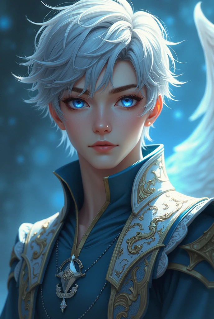 Homem angelical, abyssal blue eyes, short shiny silver hair, RPG style bard outfit without wings