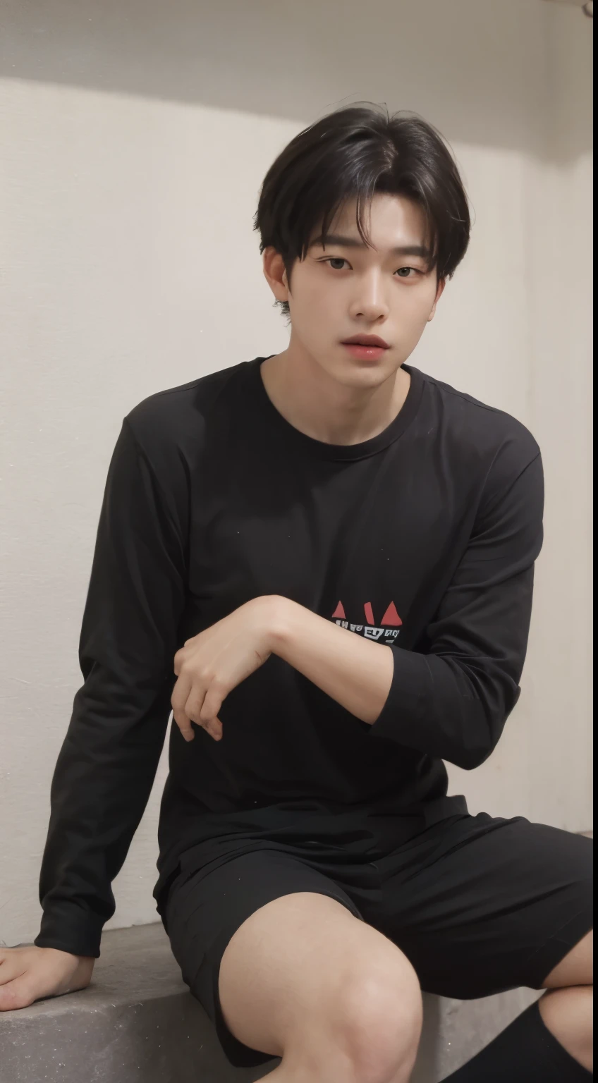 Korean male soccer player, black long-sleeved T-shirt, black soccer shorts, sports shoes, and black socks up to the knee.