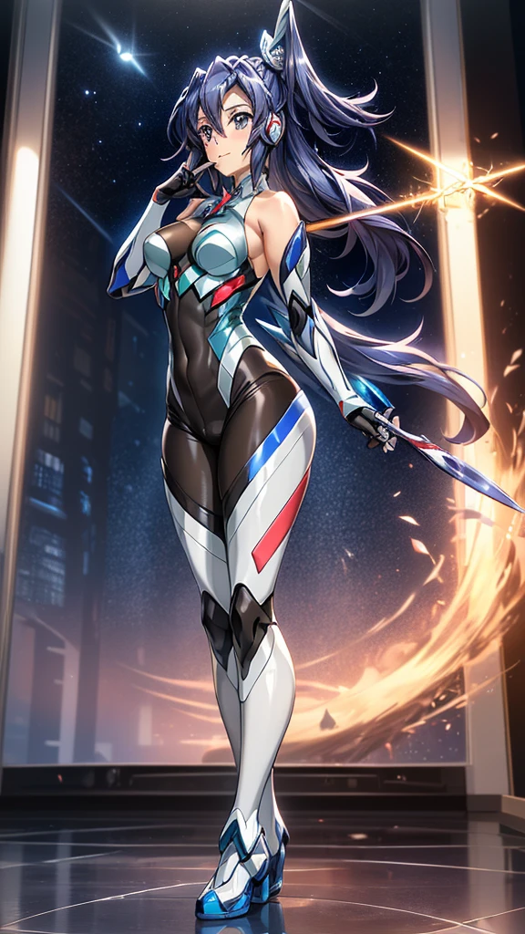 ((full body)),(俯瞰shape),Dynamic Angle,Very detailed, shape, close, straight, One Girl, 
 ((Winner: Tsubasa, Interface Headset, Symphogear Bodysuit:1.4, Dark blue hair)),Her eyes shone like dream-like stars,(Glowing Eyes:1.233),(Beautiful and detailed:1.1),(Expressionless,Mouth closed),(Are standing), 
(In a white spaceship、Maintenance room with tools and spacecraft window),
(night:1.2),dream-like, [[Delicate fingers and hands:0.55]::0.85],(Finger details),