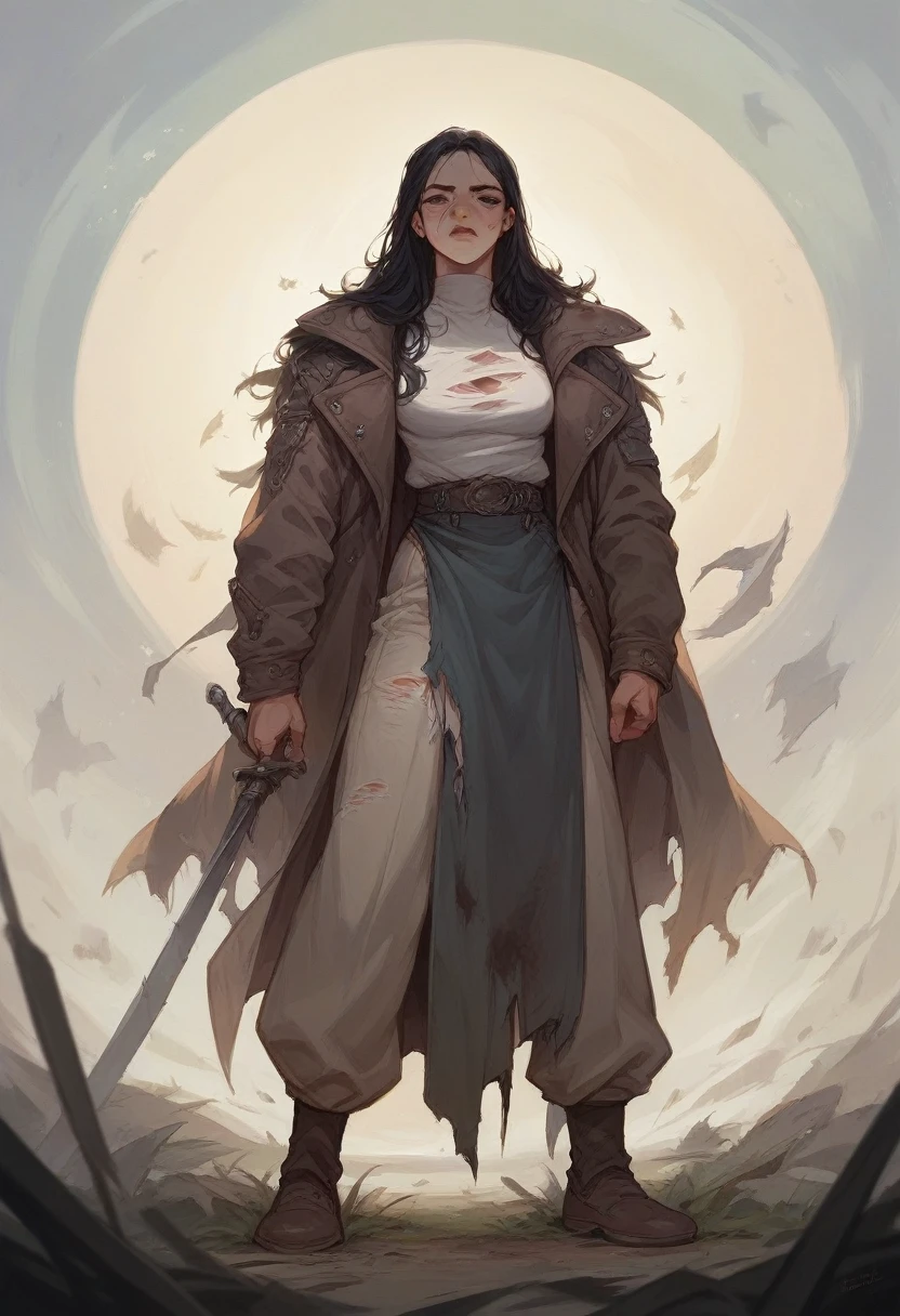 Girl with long black hair, Dressed in torn and ugly clothes, she stands with her back turned in the middle of a tournament field where everyone sees her., Realistic digital art