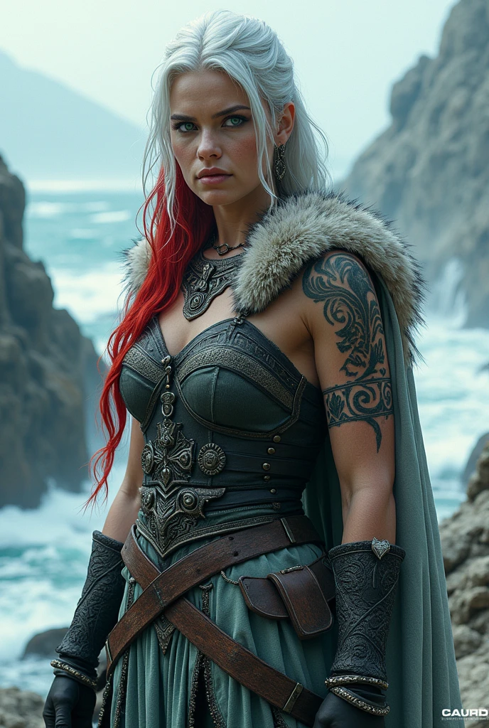 I want a beautiful Viking warrior woman, with hair as white as possible and red streak in it, and emerald green eyes.