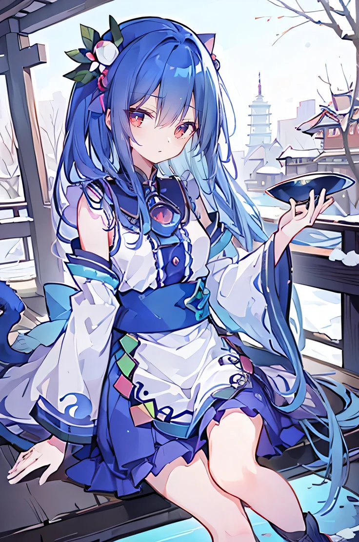 (masterpiece:1.2)，Ultra-detailed，lifelike，The eyes are expressive，Fair skin，Perfect face shape，1 girl，
Japanese Manga，Gorgeous blue hair，Flowing blue hair，Flowing clothes，Cat&#39;s ears，Petals falling，Beautiful Lola，little angel，
Cross your legs，Gentle and peaceful background，The pavilion is cool and comfortable，Smile，Tokyo background，background，snow，winter，Back。