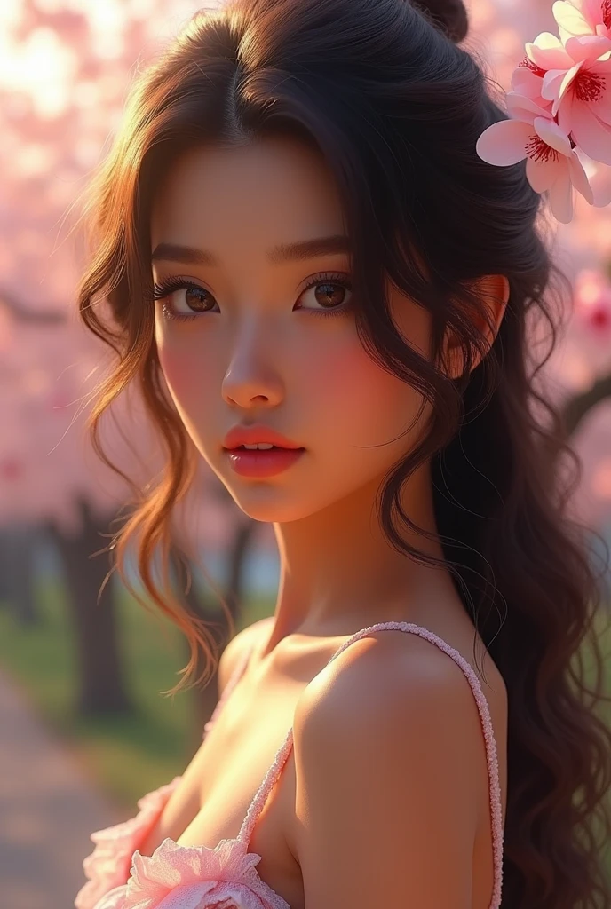1girl, beautiful detailed eyes, beautiful detailed lips, extremely detailed face, long eyelashes, porcelain skin, indian, curly dark hair, hot figure, elegant pose, outdoor garden scene, cherry blossoms, sunlight, (best quality, 4k, 8k, highres, masterpiece:1.2), ultra-detailed, (realistic, photorealistic, photo-realistic:1.37), cinematic lighting, vibrant colors, magical realism, dramatic lighting