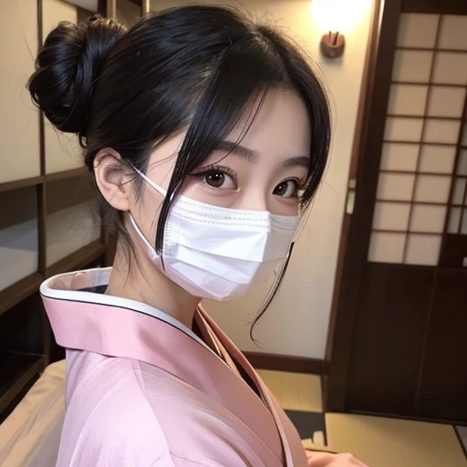 20-year-old women、Japanese、Beauty、The eyes are double、Beautiful Skin、Red kimono、Wearing a pink mask、Selfie、Hair in a bun at the back、Black Hair、