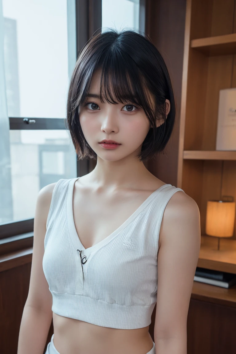 onoff, sweatpants, short hair, flat chest, shiny skin, black hair, black eyes, bangs, RAW photo, best quality, masterpiece, realistic, indoors,