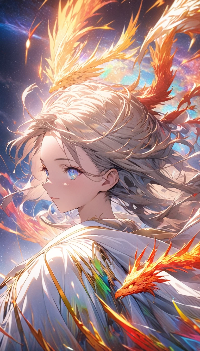 (masterpiece, Highest quality, Highest quality, Official Art, beautifully、aesthetic:1.2), (One girl), Highly detailed eyes, (Fractal Art:1.3), colorful, Most detailed, (Perfect Face), Glowing Skin, High resolution, (White cloak, golden lines:1.2), Milky Way, (Streaks of Light), Impressive visuals, (Dynamic stripes, Light trail:1.2), Vibrant colors, (Phoenix), (Dragon)
