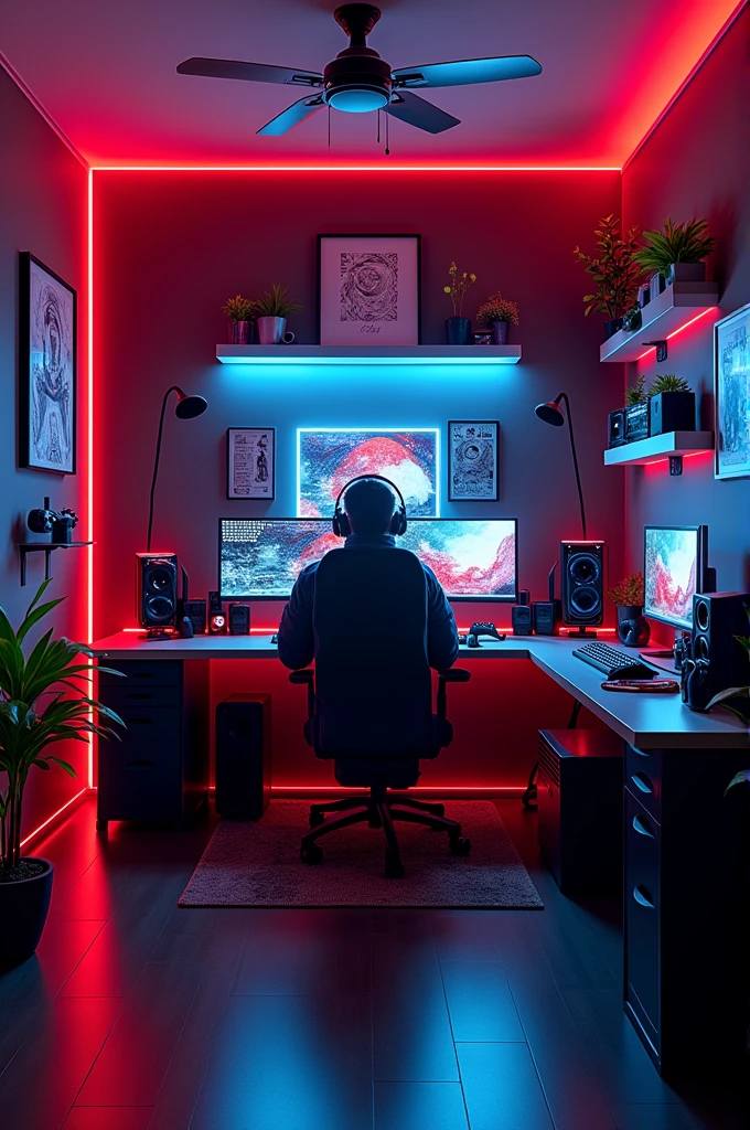 black color gamer room, red, white and blue