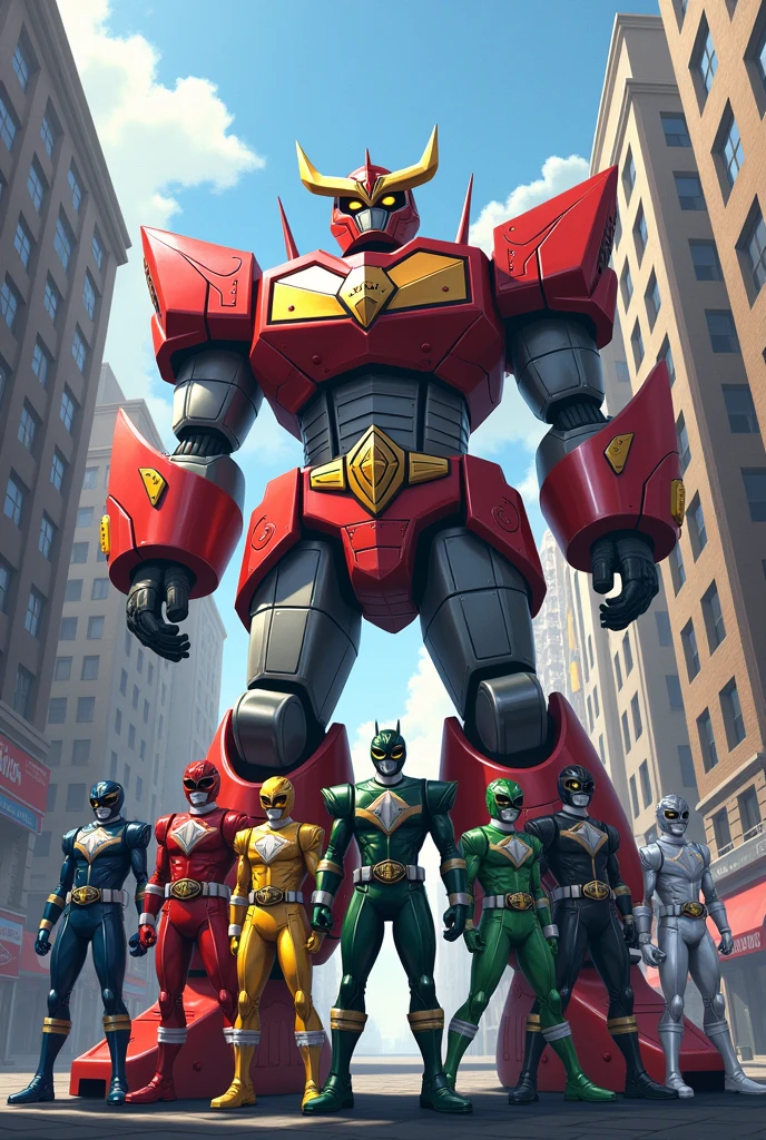 Power Rangers, Red Falcon male ranger, Black Crow male ranger, Yellow Owl female ranger, Green sparrow male ranger, White Eagle male ranger and Super Megazord