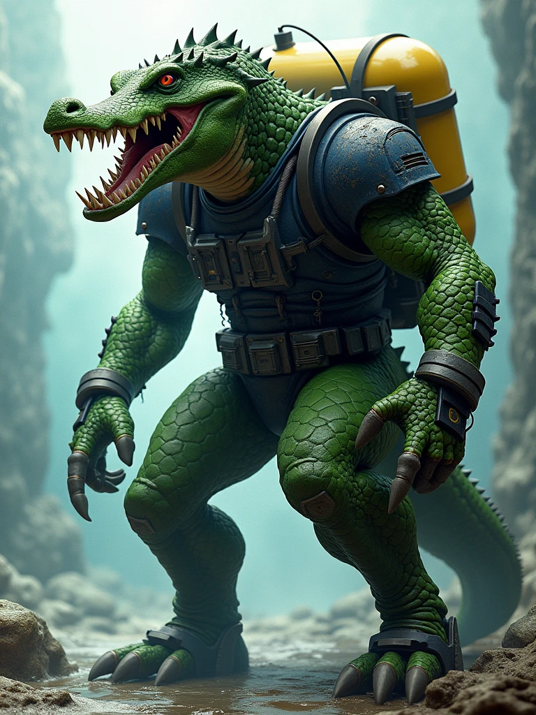 A menacing and intricate illustration of the humanoid crocodile creature, Kong Deadman, from the Kamen Rider series. This monstrous being possesses a large, reptilian head with a long snout filled with sharp teeth, small reptilian eyes, and green, rough skin. His sharp claws and bipedal stance give him a humanoid appearance, while his powerful tail suggests he is well-equipped for water-based environments. Kong Deadman's dark blue chest plate and shoulder pads, along with the large yellow air tank on his back, indicate a connection to underwater settings and possibly a source of power. This fearsome creature strikes a balance between monstrous and technological, making him a formidable adversary for any Kamen Rider.