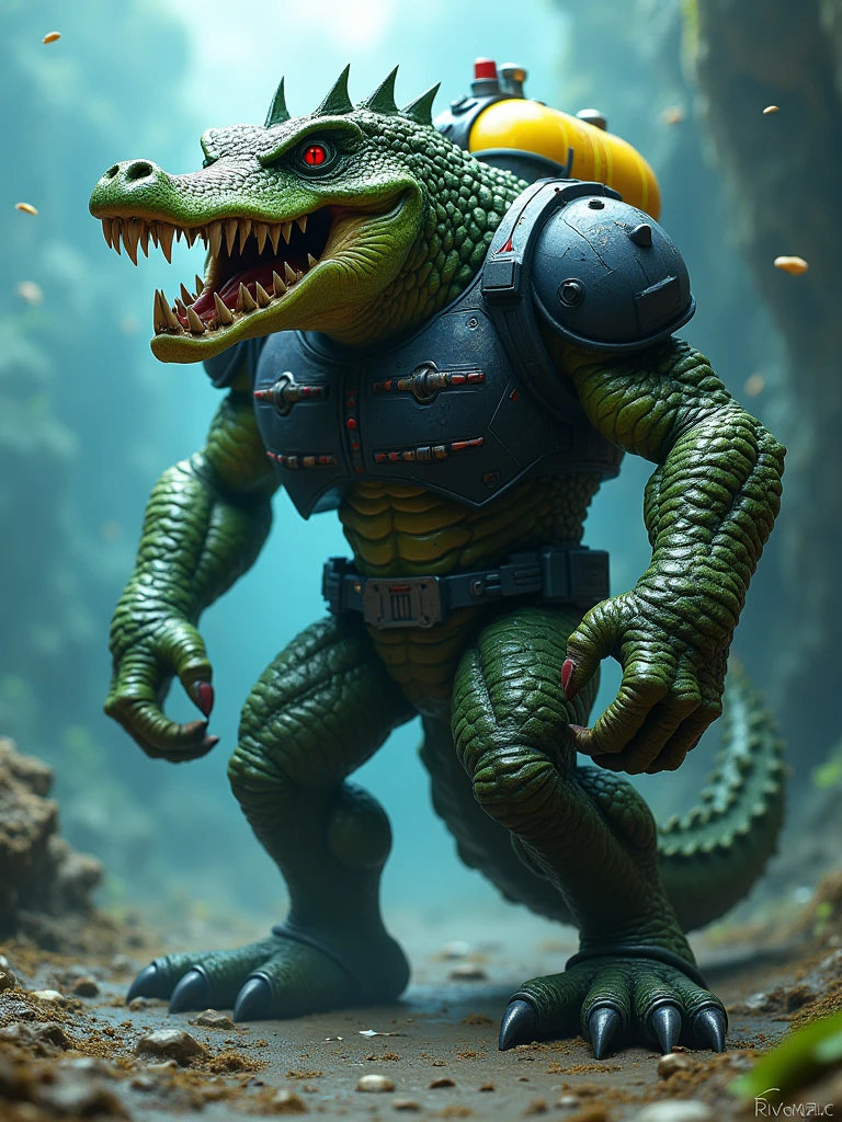 A menacing and intricate illustration of the humanoid crocodile creature, Kong Deadman, from the Kamen Rider series. This monstrous being possesses a large, reptilian head with a long snout filled with sharp teeth, small reptilian eyes, and green, rough skin. His sharp claws and bipedal stance give him a humanoid appearance, while his powerful tail suggests he is well-equipped for water-based environments. Kong Deadman's dark blue chest plate and shoulder pads, along with the large yellow air tank on his back, indicate a connection to underwater settings and possibly a source of power. This fearsome creature strikes a balance between monstrous and technological, making him a formidable adversary for any Kamen Rider.