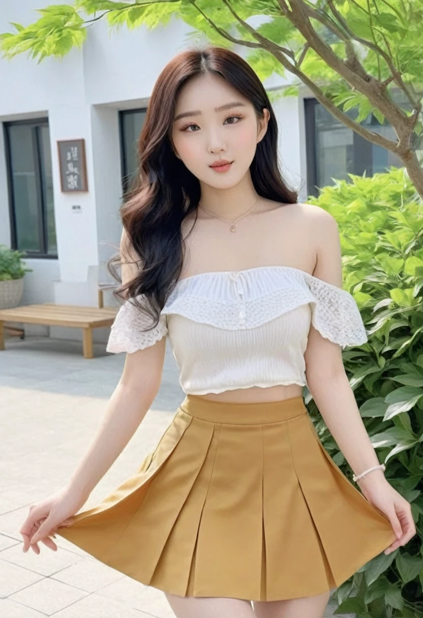 ((Best resolution)), ((high quality:1.2)), work of art, 8k, extremely detailed, ((natural HyperRealistic, natural soft light)), ((High detail:1.2)), Solo, ((Korean Ulzzang female with 24 years)), ((cropped strapless, pencil skirt)),