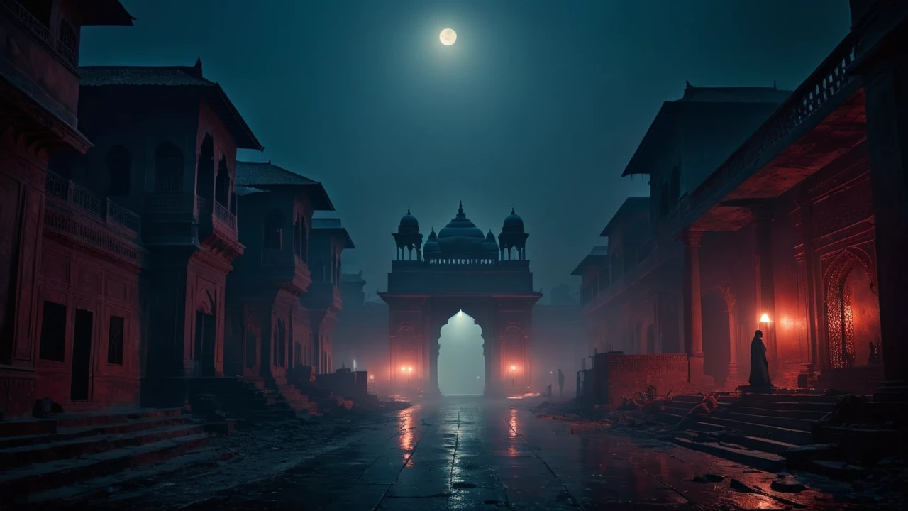 an indian dark and ominous atmosphere, a mysterious night scene, bluish and reddish tones, smoky haze, dramatic lighting, moody and eerie ambiance, detailed and realistic, cinematic composition, high quality, 8k, masterpiece, high resolution, high contrast