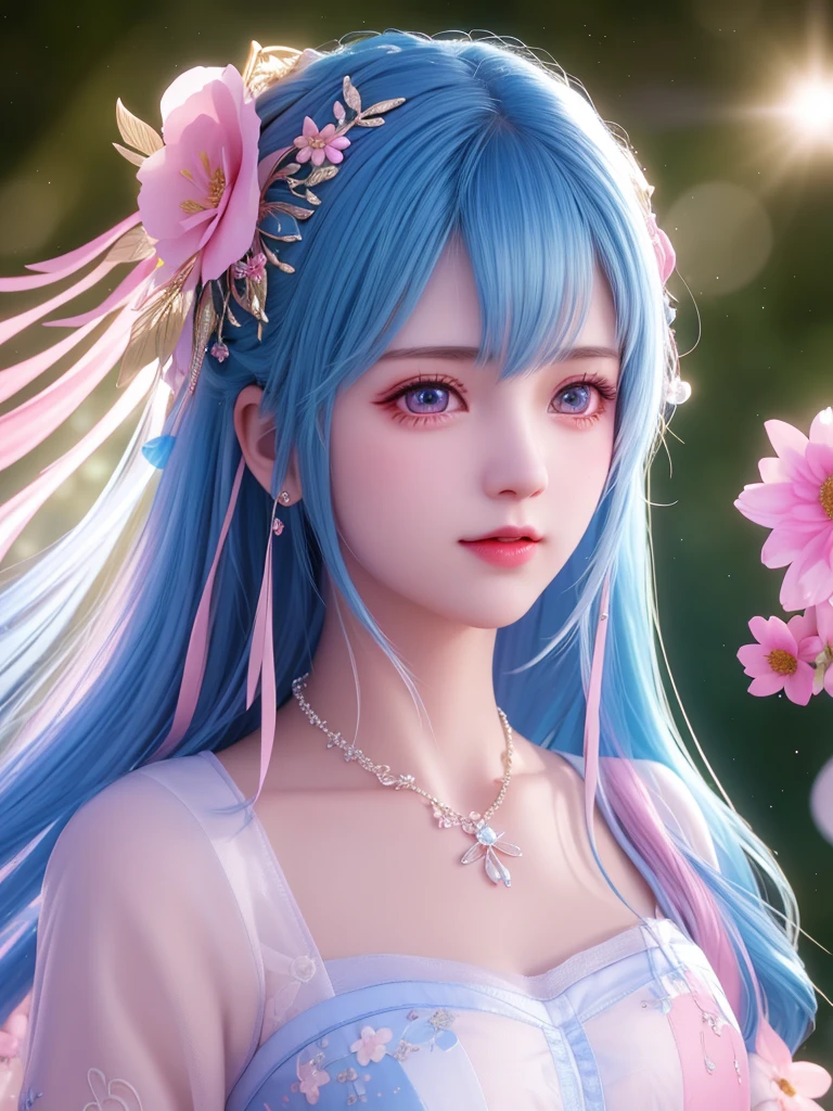 best quality, masterpiece, High target, There is a girl with a basket of flowers on her head, beautiful clothes, Hair Decorationss, necklace, Decorations, Pretty Face, When the body, Tyndall effect, Realistic Portraits, Edge lighting, Two-color light, (Very delicate skin:1.2), 8K uhd, Digital SLR Camera, Soft Light, high quality, Volumetric Lighting, Honest, photo, high resolution, 4K, 8K, Bokeh, Blue hair，pink hair tips, Pink Eyes.