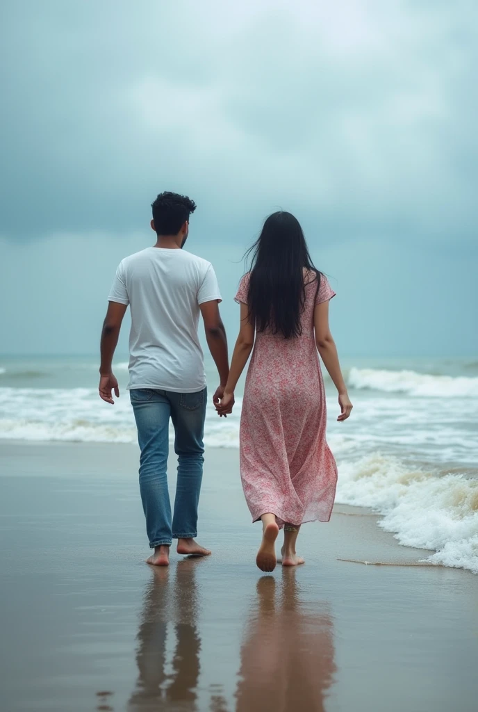 A boy age 27 south India from andhrapradesh wear jeans and t-shirt dusky skin and there was a girl age 25 north India from mumbai looks very modern she wears western dress looks very beautiful and active. Two are walking on the beach, between them have some space and the waves are hitting their feet and they are feeling excited. Cloudy climate and raining.