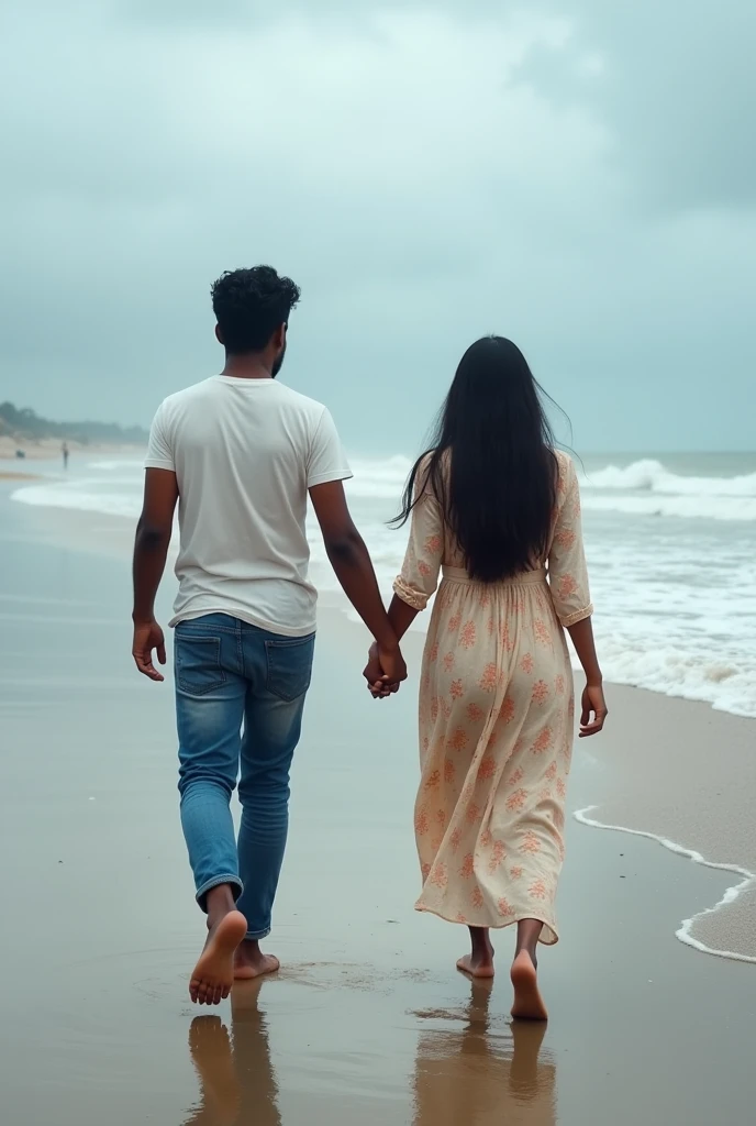 A boy age 27 south India from andhrapradesh wear jeans and t-shirt dusky skin and there was a girl age 25 north India from mumbai looks very modern she wears western dress looks very beautiful and active. Two are walking on the beach, between them have some space and the waves are hitting their feet and they are feeling excited. Cloudy climate and raining.