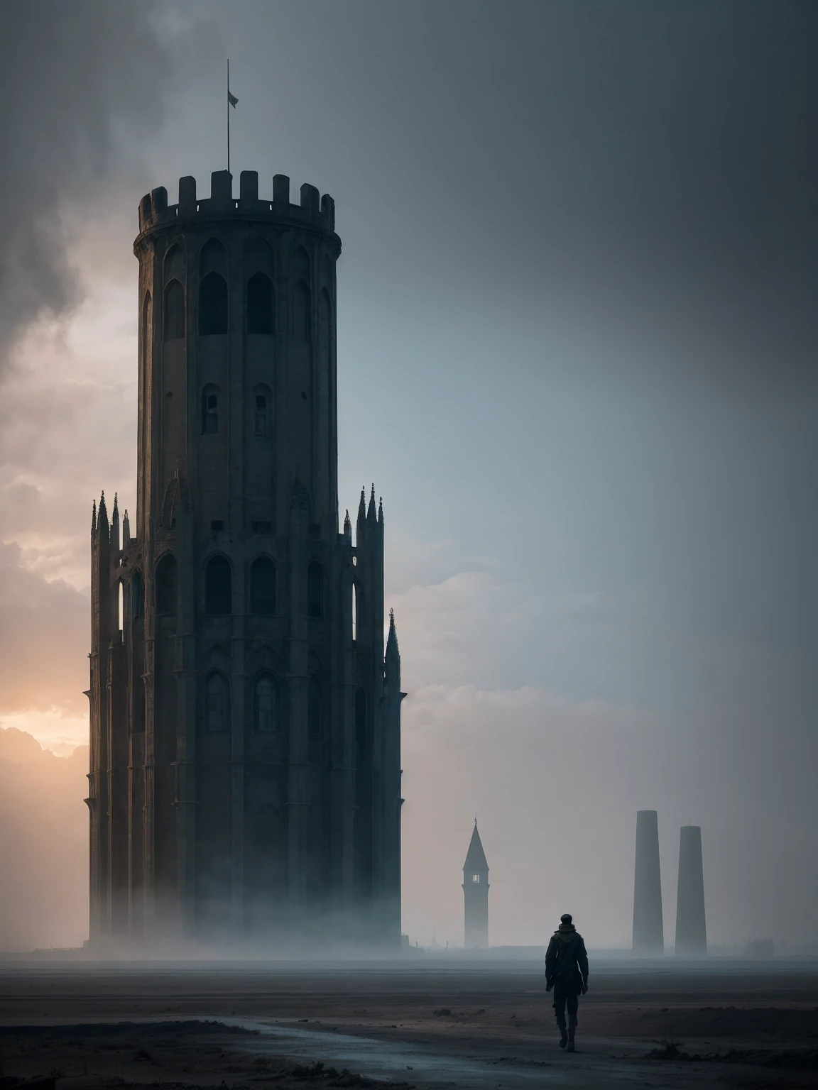 In the distant mist and haze, A ridiculously desolate landscape, The faint presence of a wanderer walking in the direction of a mysterious tower floating in the sky, Cinematic