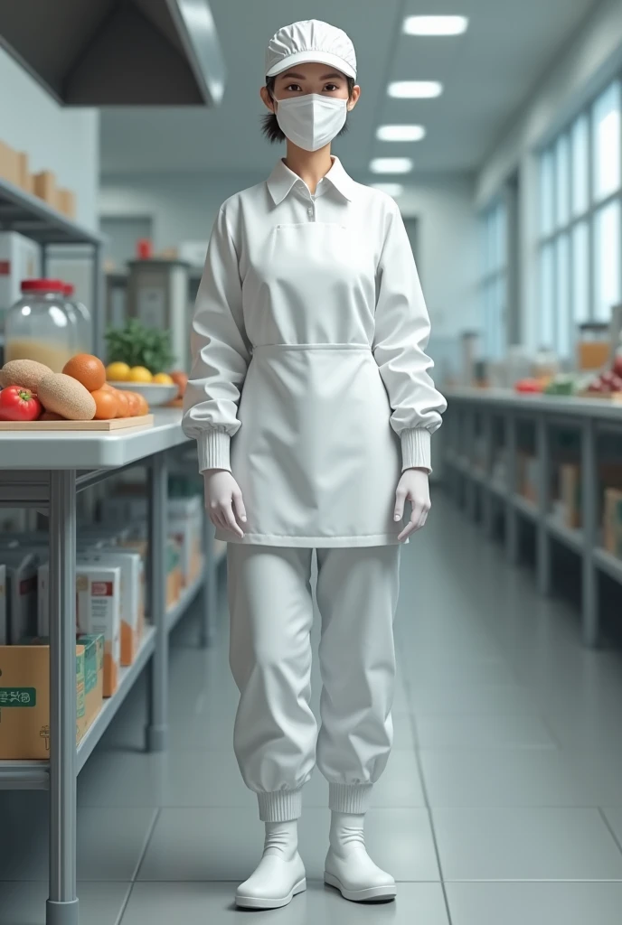 In 2d a lady with an apron, disposable cap, White uniform, gloves, face mask, Boots, of food industry without hair 
