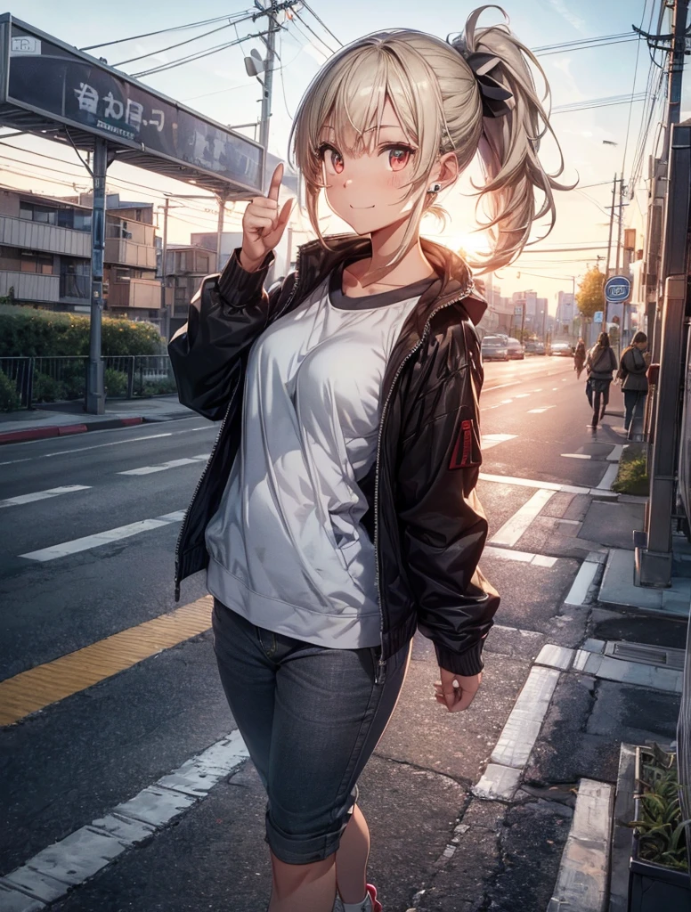 Best shot, unreal photo, super quality, correction of small details,
Huge city, A lot of buildings, Evening time of the day, sunset, A bit of clouds, sense of diversity, Fantastic view, trees, The Setting Sun, moving cars, different cars, People passing by, Tratuary, billboard,
1 girl, solo, beautiful girl, cute face,
full height, Grey Windbreaker, White T-shirt,
baseball cap, earrings, bright skin, blonde hair, Ponytail, Red eyes, looking at the viewer, show thumbs up, smile, GO, sports trousers, put on sneakers, walking,
ultra quality, 4K,