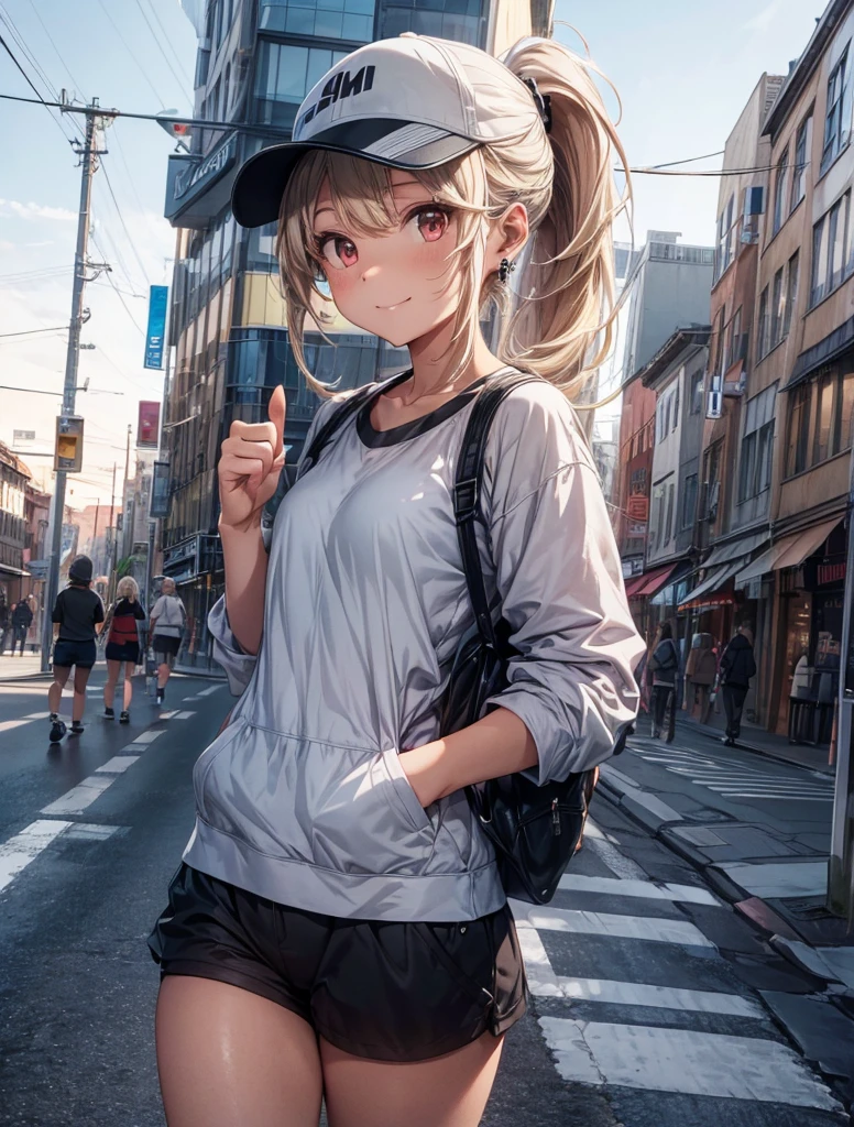 Best shot, unreal photo, super quality, correction of small details, 
Huge city, A lot of buildings, Evening time of the day, sunset, A bit of clouds, sense of diversity, Fantastic view, trees, The Setting Sun, moving cars, different cars, People passing by, Tratuary, billboard, 
1 girl, solo, beautiful girl, cute face, 
full height, Grey Windbreaker, White T-shirt, 
baseball cap, earrings, bright skin, blonde hair, Ponytail, Red eyes, looking at the viewer, show thumbs up, smile, GO, sports trousers, put on sneakers, walking, 
ultra quality, 4K, 