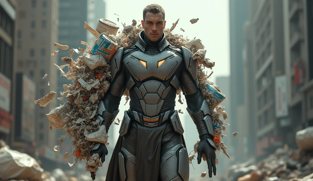 Create a superhero who has the powers of Magneto but instead of controlling metal he controls garbage while it is floating in the air, have a figure an infinite amount of garbage behind him