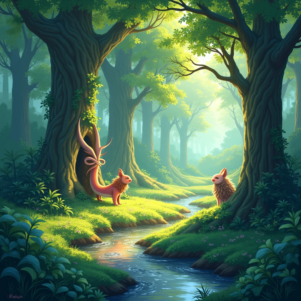 photorealistic Viral anime nature wallpaper in 4K quality, in the style of digital illustration inspired by Hayao Miyazaki, featuring a serene forest with towering ancient trees, dappled sunlight filtering through the leaves, a gentle stream flowing through the scene, and mystical creatures peeking from behind the foliage; vibrant and warm color temperature, cosmos lighting with stars twinkling in the sky, no human characters, the atmosphere is tranquil and enchanting --v 5 --stylize 1000