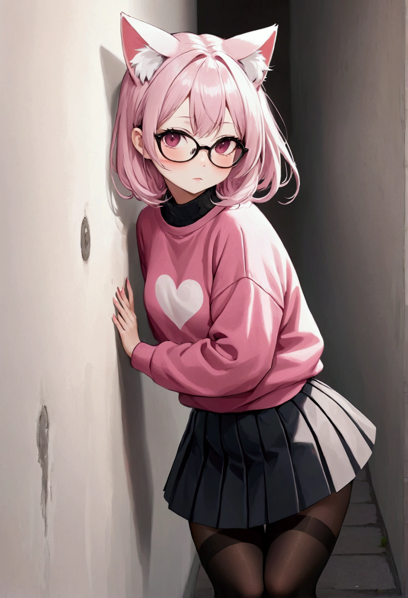 I have white pink hair, cat ears, a bun, my face is super blushing, black glasses, pink heart eyes, a big pink sweatshirt, a black skirt, black stockings, white shoes, a cat's tail, a girl. very shy that she is glued to a wall with her butt