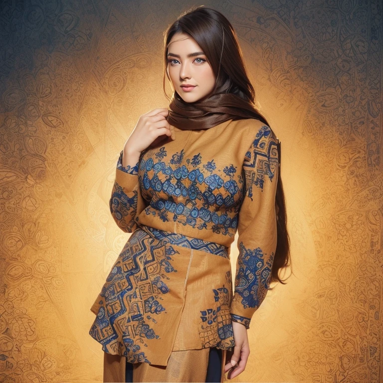 (masterpiece), (best quality), (digital painting), beautiful woman, thick eyebrows, blue eyes, curled eyelashes, facial details, long hair, big breasts, (brown batik shirt cloth_ patterns), short skirt step repeating patterns design, fabric art, flat illustration, Vector, 4K, Art station shop street background, Highly detailed, intricate, 8k octane rendering