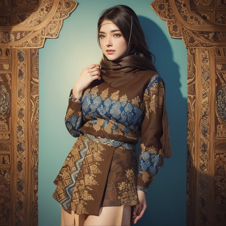 (masterpiece), (best quality), (digital painting), beautiful woman, thick eyebrows, blue eyes, curled eyelashes, facial details, long hair, big breasts, (brown batik shirt cloth_ patterns), short skirt step repeating patterns design, fabric art, flat illustration, Vector, 4K, Art station shop street background, Highly detailed, intricate, 8k octane rendering