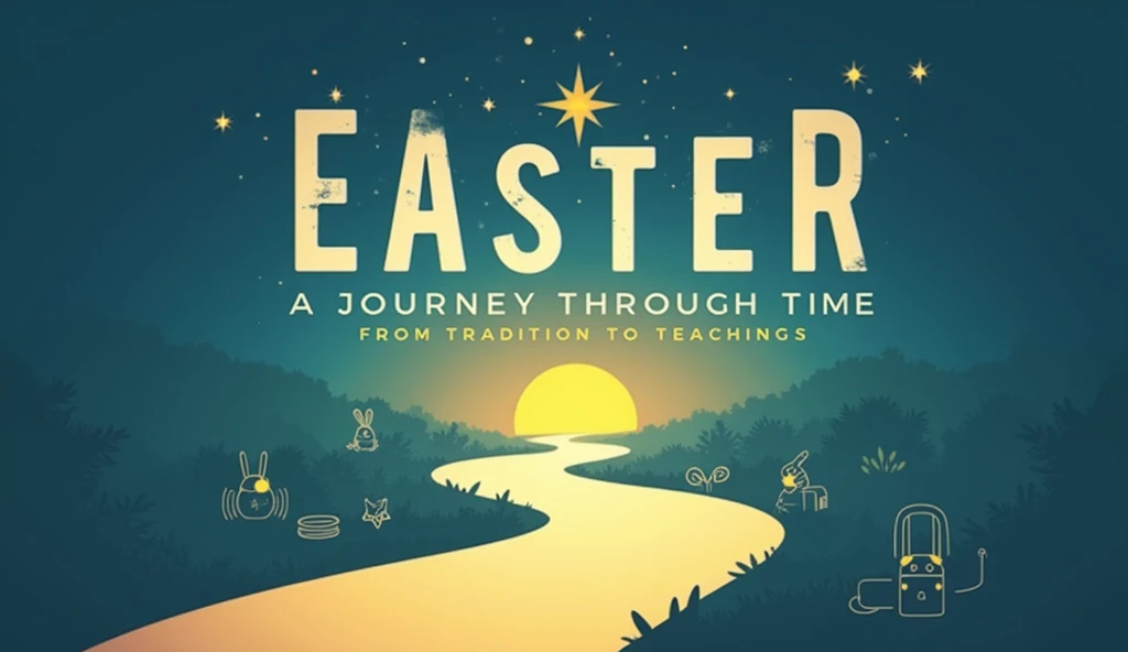 format: 16:9 Background: A gradient background that transitions from dark blue at the top to a bright dawn yellow at the bottom, symbolizing enlightenment and awakening.
colors: A mix of blues, yellows and whites for a fresh and inviting look.
Text Elements: "Easter: A Journey Through Time" in a large, bold font at the top, with a subtitle "From Tradition to Teachings" in a smaller, simpler font at the bottom.
Visual Style: Clean lines with a modern aesthetic, using sans serif fonts for clarity.
graphics/Illustrations: Um caminho sinuoso levando através de vários símbolos da Easter, like a rabbit, a cross and a Seder plate, illustrated along the way.
Composition: Text at the top and bottom, with the path and symbols flowing through the center to create movement.
Efeitos: Soft highlights on symbols to give a glowing effect, with a slight motion blur along the way to suggest movement and journey.
Emotions/feelings: a sense of adventure and exploration, convidando os espectadores a embarcar em uma jornada de conhecimento sobre a Easter.