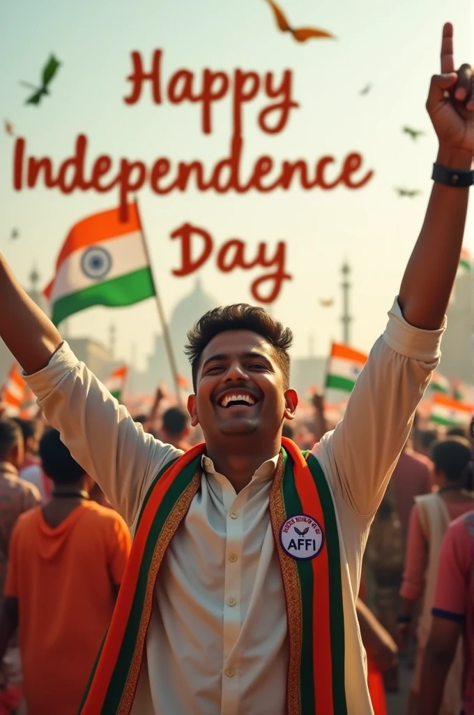 Independence Day Photo
A real 20-year-old boy joyfully celebrates Indian Independence Day. He is wearing traditional Indian politician outfit with the name "AFFI" written on his attire. Above him, in the sky, the words "Happy Independence Day" are displayed in a bold font. The backdrop is filled with people celebrating, enhancing the festive and patriotic spirit of the day.