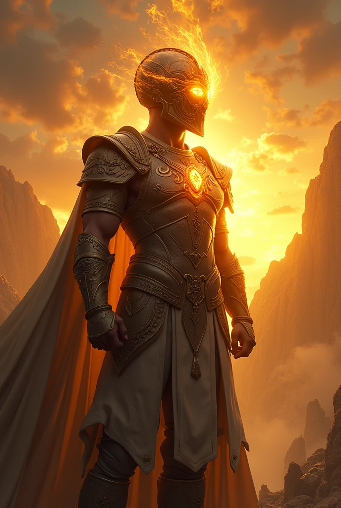 create an image of a warrior shining like the sun, with a large, half-square helmet and precious stones on its visor instead of eyes