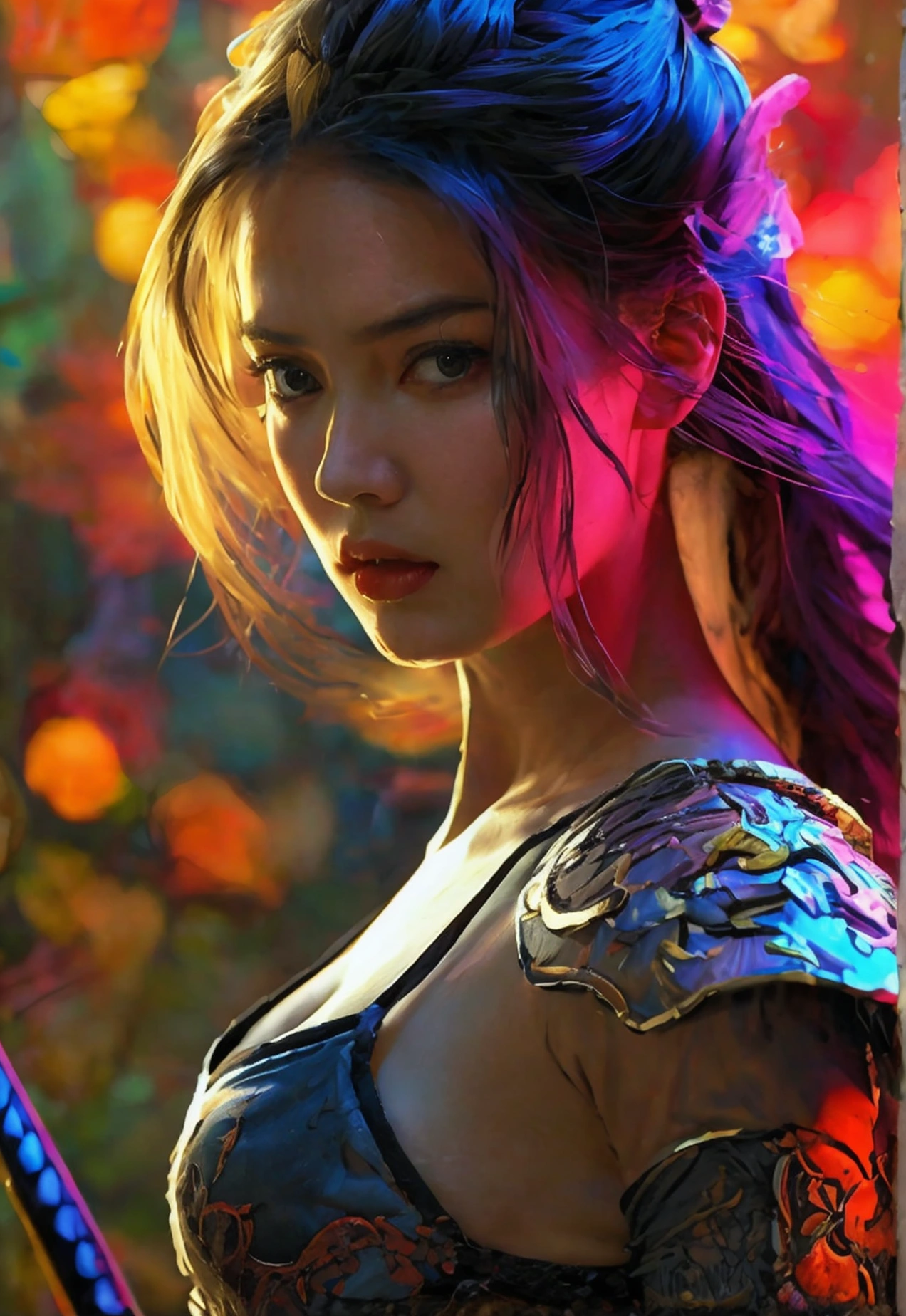 A woman with pastel white hair, black eyes, wearing black ninja clothes, perfect anatomy, realistic, best composition, cinematic lighting, highly detailed, photorealistic, 8k, masterpiece, elegant, graceful, powerful, dynamic pose, moody atmosphere, dramatic shadows, vibrant colors, chiaroscuro, cinematic composition, mesmerizing gaze, striking portrait